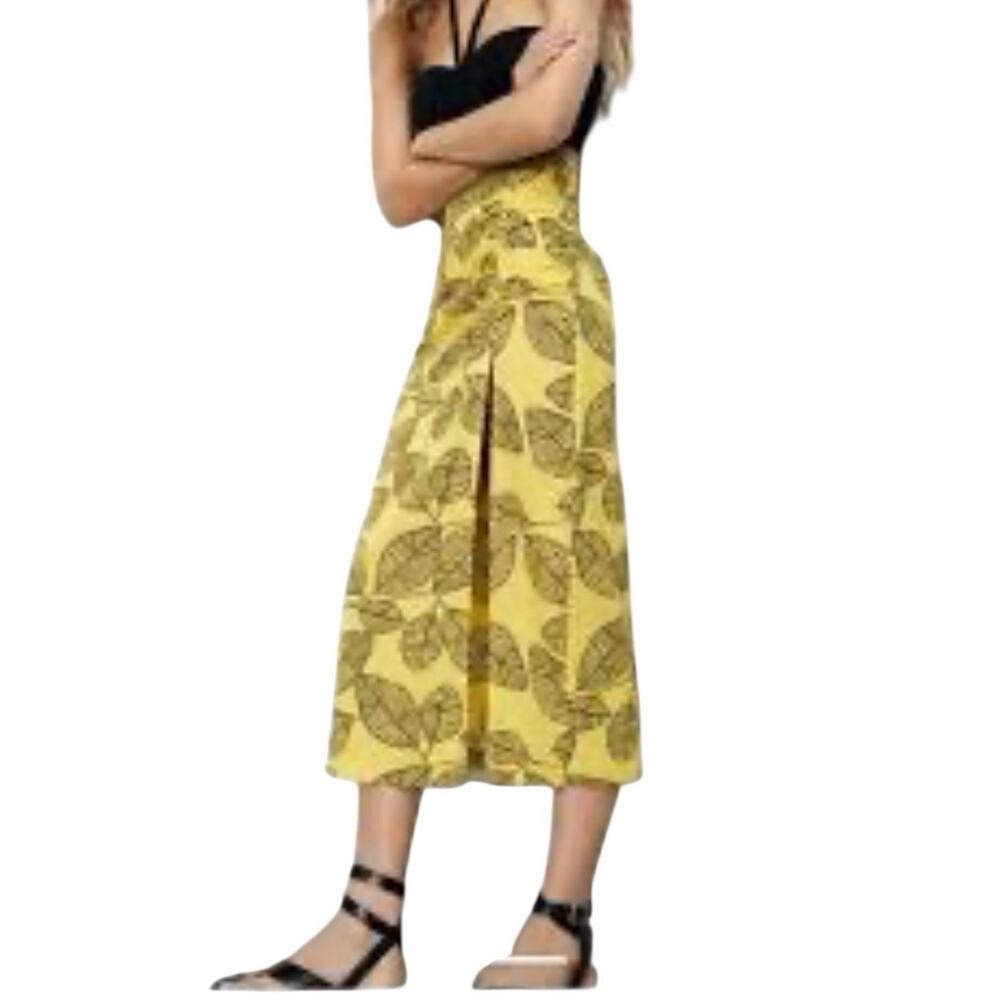 Zara Yellow Leaf Print Slit Midi Skirt High Waist Linen Blend M NWT